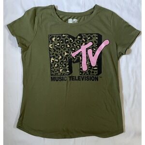 MTV Women Top Small Olive‎ Green Leopard Logo Graphic T-Shirt Short Sleeve Tee